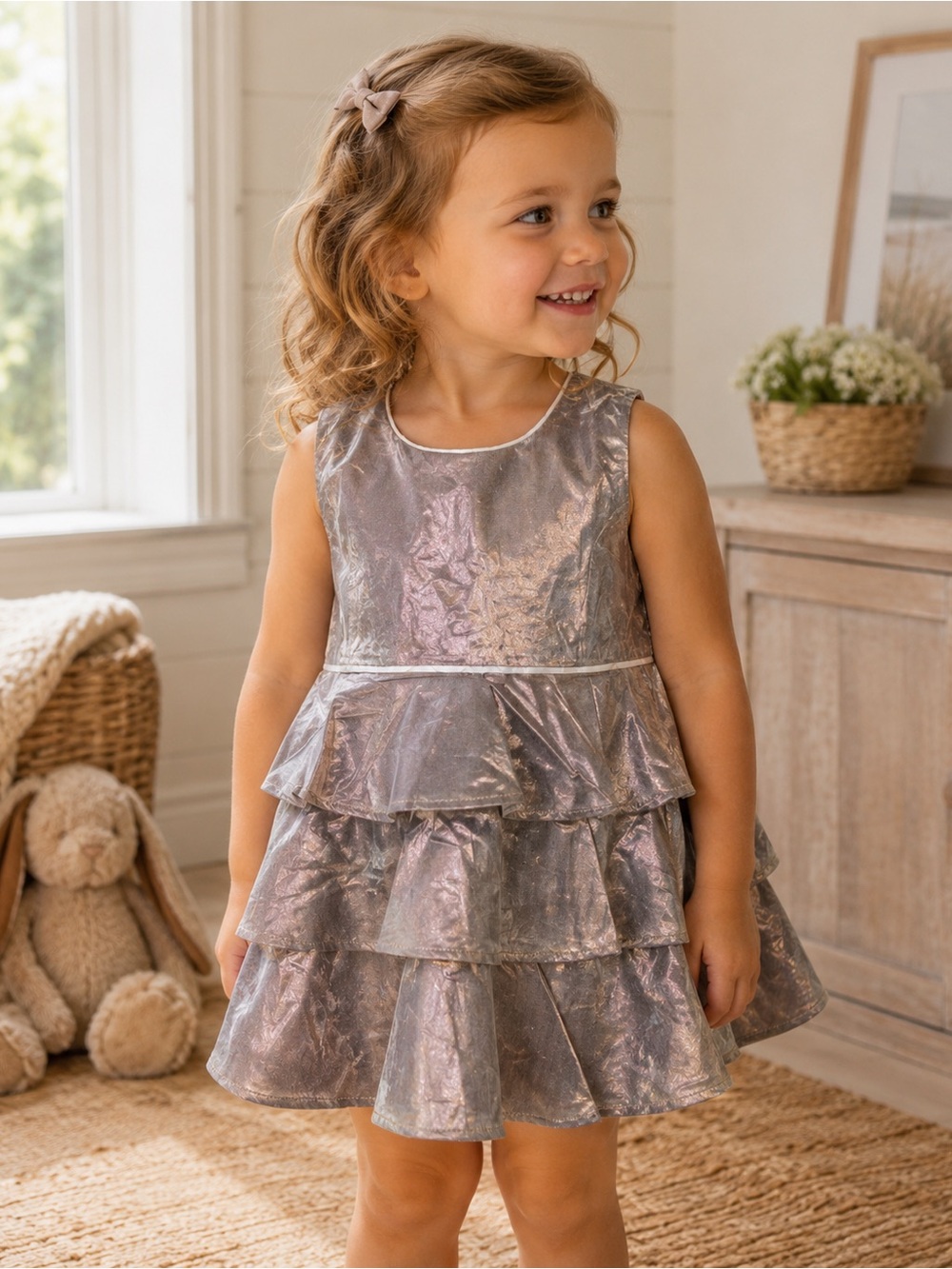 Burberry Girls Tiered Ruffle Dress Cotton Blend Metallic Rose 8Y 128cm